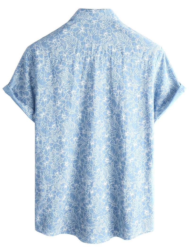 AOTIK Mens Hawaiian Shirt Short Sleeve Button Down Cotton Floral Shirts Casual Tropical Beach Summer Shirts Large LightBlue - Image 4