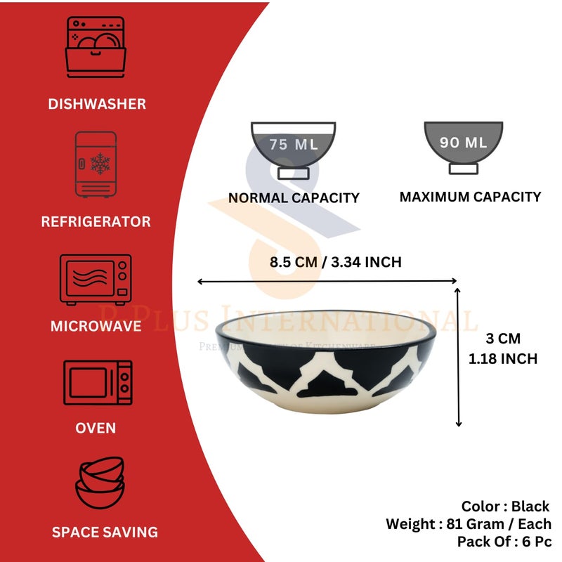 P-PLUS INTERNATIONAL Hand Painted Ceramic Serving Bowl Set | for Cereal Soup Dessert, Snack, Fruit, Salsa, Snack | Dishwasher & Microwave Safe | Best Gift Set | 75 ML 8.5 CM (Black, Set of 6) - Image 2
