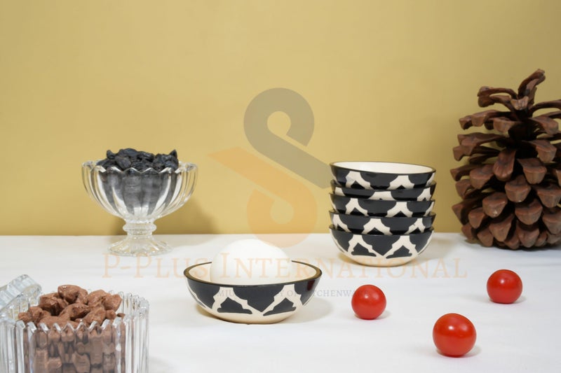 P-PLUS INTERNATIONAL Hand Painted Ceramic Serving Bowl Set | for Cereal Soup Dessert, Snack, Fruit, Salsa, Snack | Dishwasher & Microwave Safe | Best Gift Set | 75 ML 8.5 CM (Black, Set of 6) - Image 3