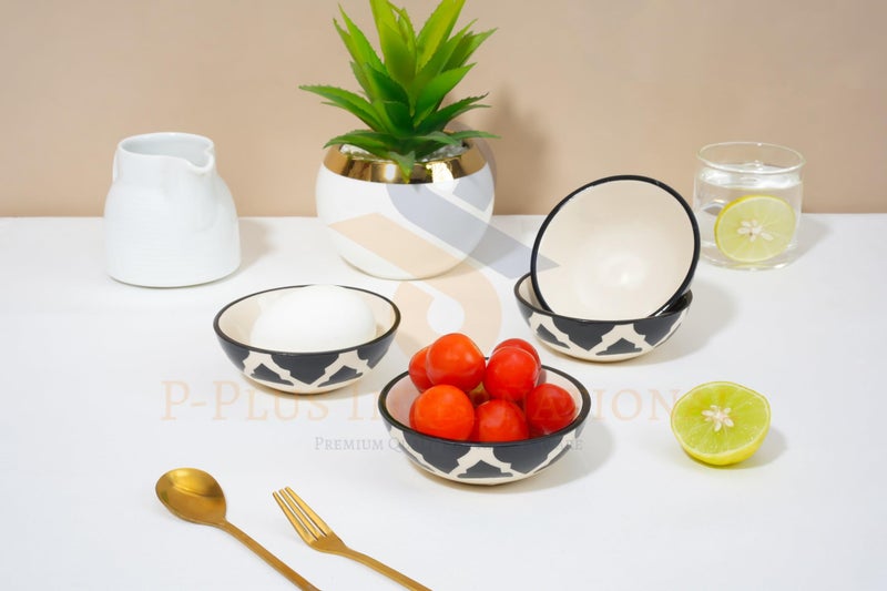 P-PLUS INTERNATIONAL Hand Painted Ceramic Serving Bowl Set | for Cereal Soup Dessert, Snack, Fruit, Salsa, Snack | Dishwasher & Microwave Safe | Best Gift Set | 75 ML 8.5 CM (Black, Set of 6) - Image 5