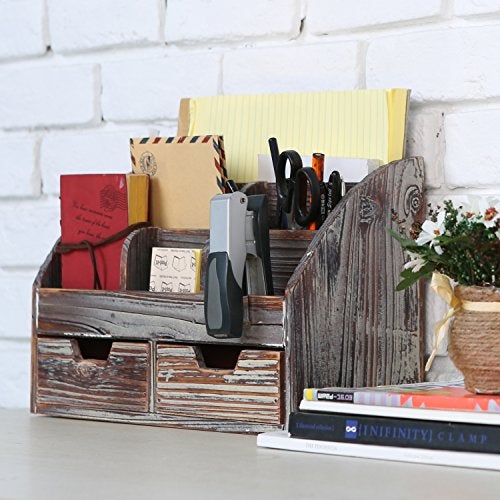 MyGift Torched Wood Desktop Organizer Includes 6 Compartments and 2 Pullout Drawers to Organize Office Supplies and Accessories - Image 3
