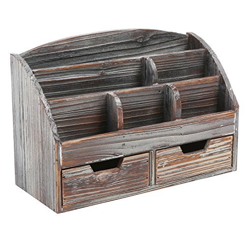 MyGift Torched Wood Desktop Organizer Includes 6 Compartments and 2 Pullout Drawers to Organize Office Supplies and Accessories - Image 1