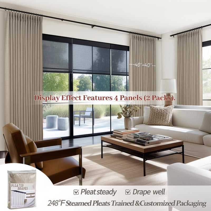 PleatedDrapes Pinch Pleated Drapes Linen Room Darkening Curtains 96 Inches Long for Bedroom, Taupe Black Out Floor to Ceiling Sound Dampening Double Layer Living Room Viral Windows Burg 2 Panels Set Burlywood Birch - Image 4