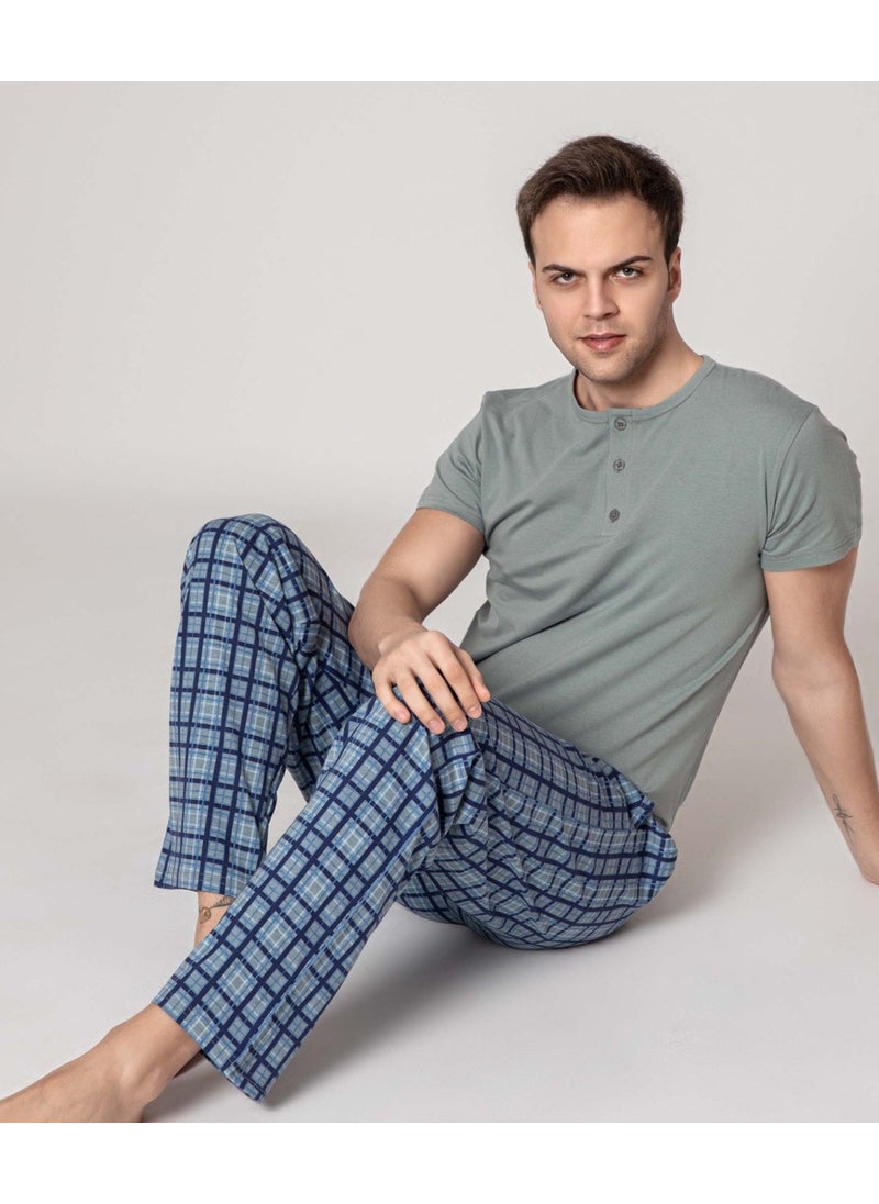 Bie's Men's Plaid Pattern 3 Buttoned Crew Neck Modal Summer Short Sleeve Pocket Pajama Set  - Image 1