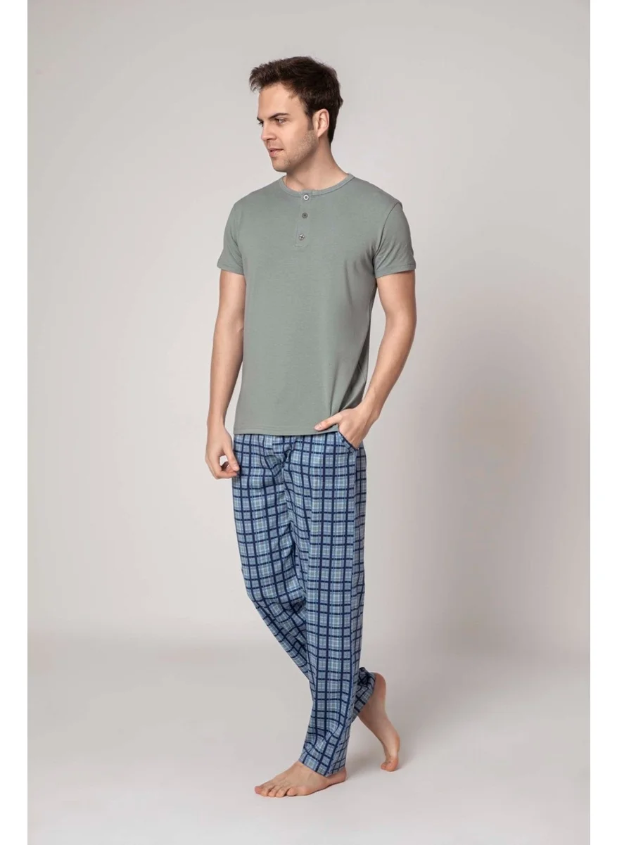Bie'S Men's Plaid Pattern 3 Buttoned Crew Neck Modal Summer Short Sleeve Pocket Pajama Set
