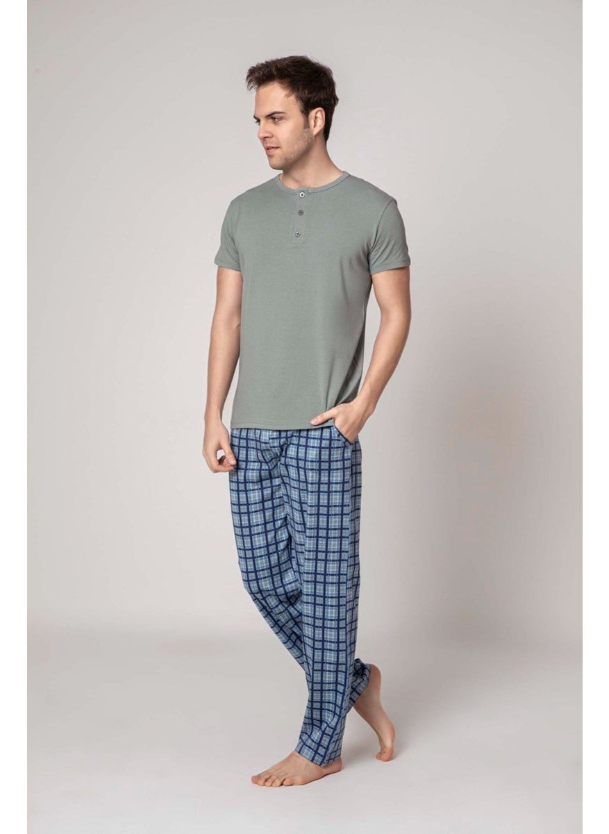 Bie's Men's Plaid Pattern 3 Buttoned Crew Neck Modal Summer Short Sleeve Pocket Pajama Set  - Image 2