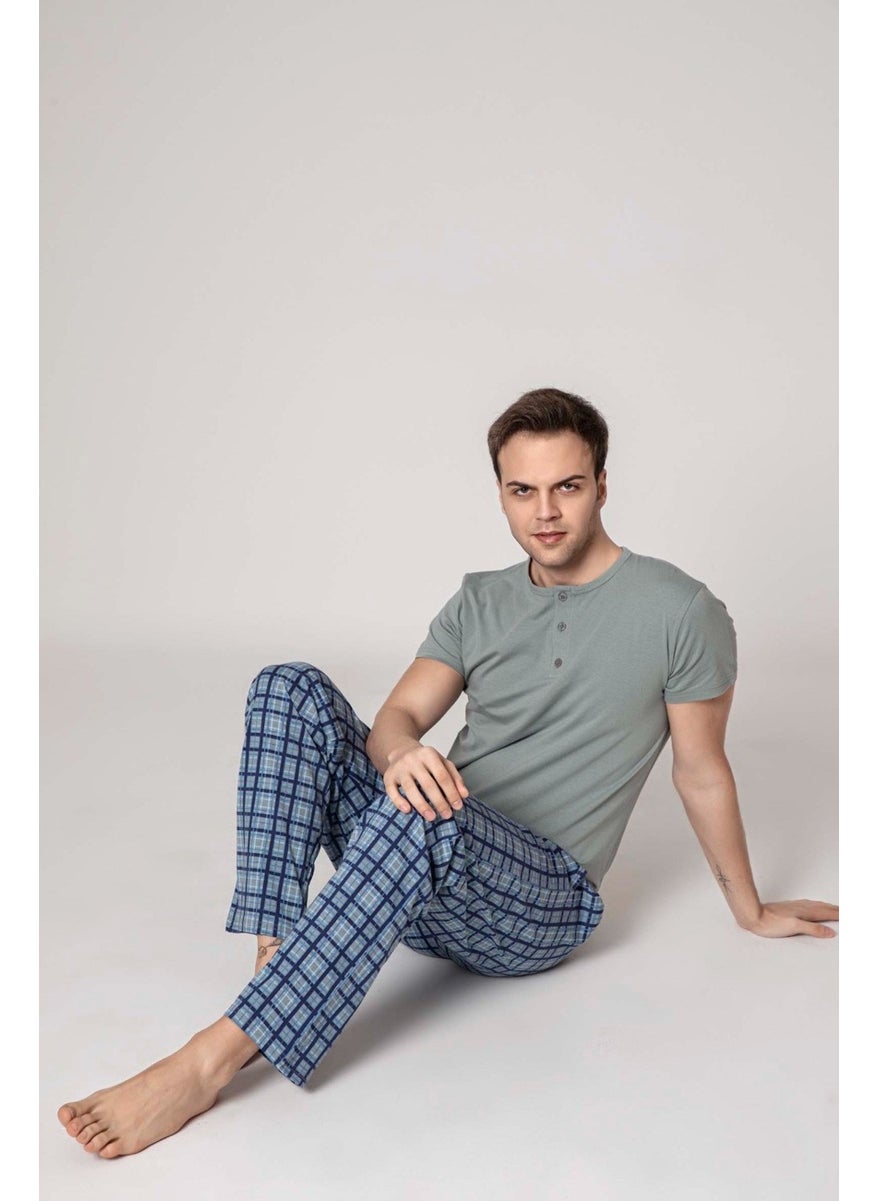 Bie's Men's Plaid Pattern 3 Buttoned Crew Neck Modal Summer Short Sleeve Pocket Pajama Set  - Image 3