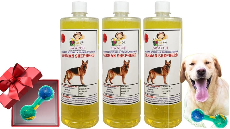 swacch German Shepherd Dog Shampoo + Dumbbell Toy I Durable Rubber Dog Toy for Chewing I Playing,Teeth Cleaning & Training Toy I Combo Pack I 1 Litre Pack of 3 Lemon - Image 1