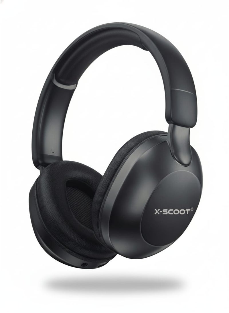 X-SCOOT XS-650 High Resolution Stereo Bass Headphones with HD Noise Reduction Mic, Extended Playtime, Extra Soft Cushions, TF Card Support, AUX-In, Type-C Charging and Voice Assistant Compatibility , Foldable Design for Music & Hands Free Calls - Black - Image 1