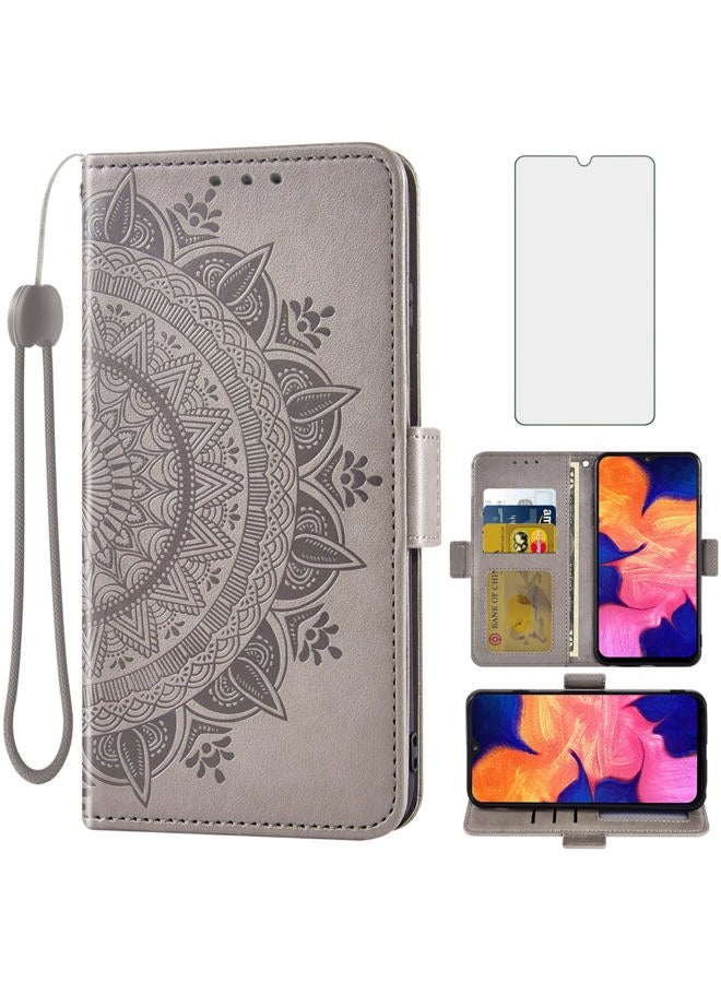 Asuwish Compatible with Samsung Galaxy A10 Wallet Case and Tempered Glass Screen Protector Credit Card Holder Flip Wrist Strap Cell Phone Cover for Glaxay A 10 Gaxaly 10A SM A105M 6.2 Women Men Grey - Image 1