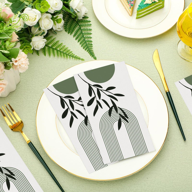 Tinlade مناديل يد قابلة للتصرف من تينلايد، مناديل ضيوف، مناديل حمام قابلة للتصرف، مناديل مطبخ زخرفية للضيوف لحفلات العشاء، الزفاف، الحمام (100 قطعة، أخضر بوهيمي) - Image 2