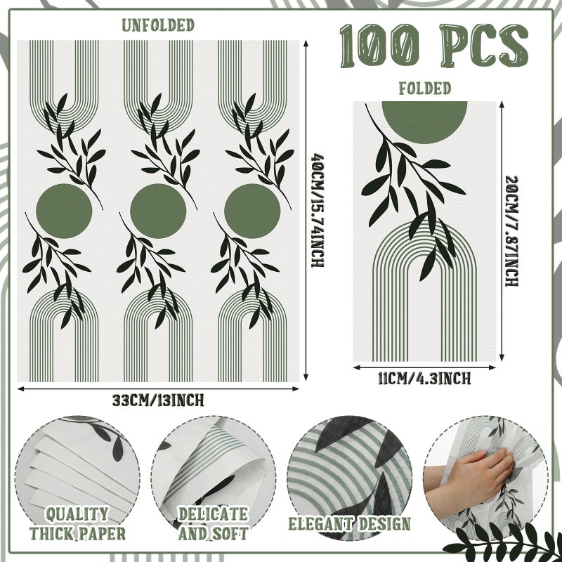 Tinlade مناديل يد قابلة للتصرف من تينلايد، مناديل ضيوف، مناديل حمام قابلة للتصرف، مناديل مطبخ زخرفية للضيوف لحفلات العشاء، الزفاف، الحمام (100 قطعة، أخضر بوهيمي) - Image 3