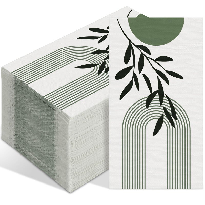 Tinlade مناديل يد قابلة للتصرف من تينلايد، مناديل ضيوف، مناديل حمام قابلة للتصرف، مناديل مطبخ زخرفية للضيوف لحفلات العشاء، الزفاف، الحمام (100 قطعة، أخضر بوهيمي) - Image 1