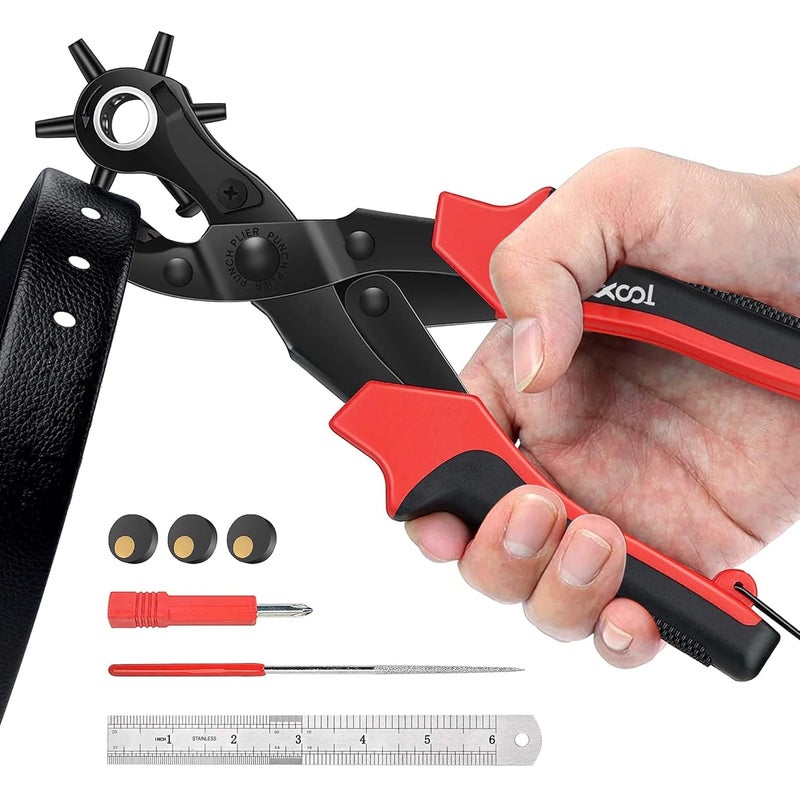 XOOL Revolving Punch Plier Kit, Leather Hole Punch Set for Belts, Watch Bands, Straps, Dog Collars, Saddles, Shoes, Fabric, DIY Home or Craft Projects, Heavy Duty Rotary Puncher, Multi Hole Sizes Make - Image 1