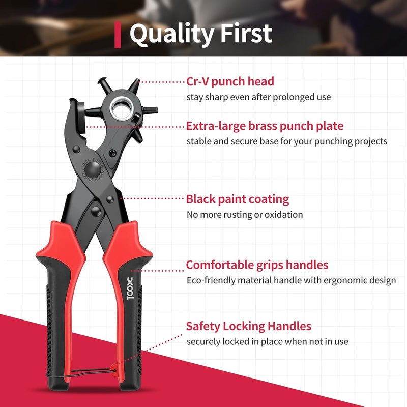 XOOL Revolving Punch Plier Kit, Leather Hole Punch Set for Belts, Watch Bands, Straps, Dog Collars, Saddles, Shoes, Fabric, DIY Home or Craft Projects, Heavy Duty Rotary Puncher, Multi Hole Sizes Make - Image 4