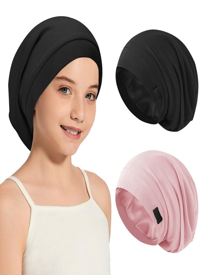 ZHENSILK 2Pcs Kids Bonnets for Girls Boys Silk Satin Lined Bonnet for Sleeping Adjustable Double-Layer Sleep Cap for Frizzy Curly Hair Slouchy Hat Beanie for Toddler Child Teens(Black&Pink) - Image 1
