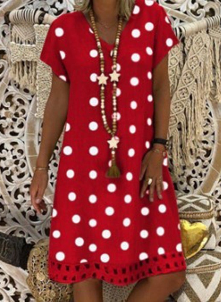 NIBEMINENT Women Boho Dot Printed V-Neck Dress Ladies Summer Fashion Casual Loose Short Sleeve Dresses - Image 1