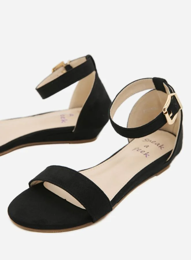 Sneak-a-Peek Solid Buckle Ankle Strap Open Toe Sandals by Styli