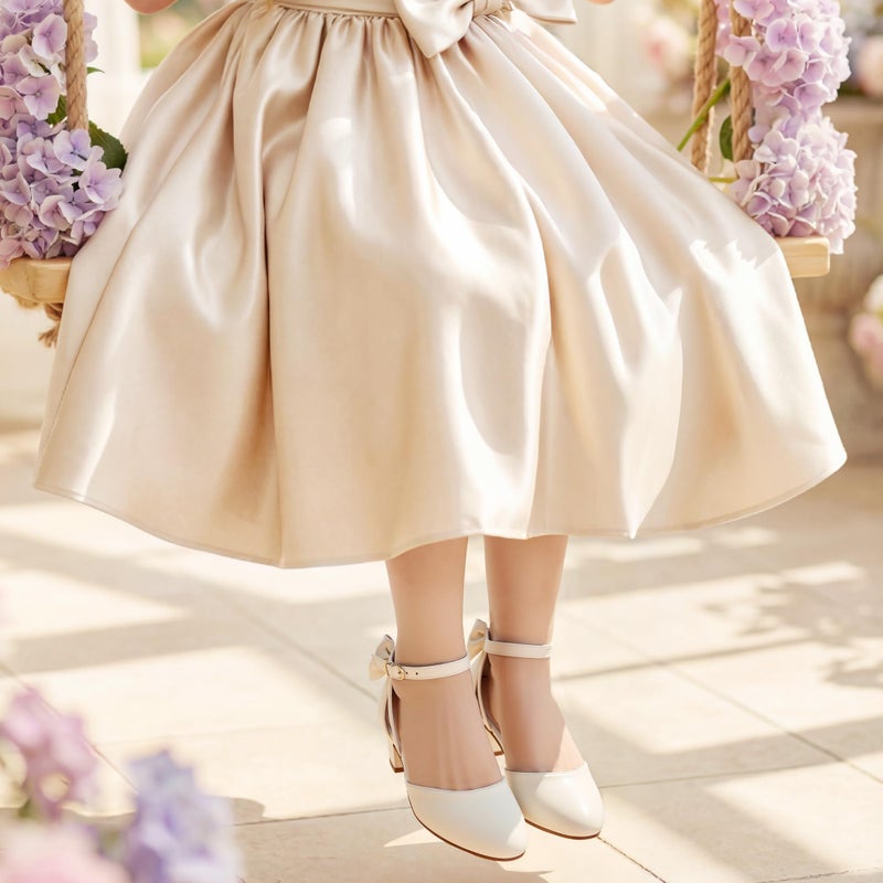 Parrosoo Girls Dress Shoes Flower Little Kid High Heels for Kids Pump Shoes with Cute Bow Little Girl Size 13 Princess Closed Toe Wide Mary Jane Wedding Church School Party Formal (8801 Ivory 13) - Image 2
