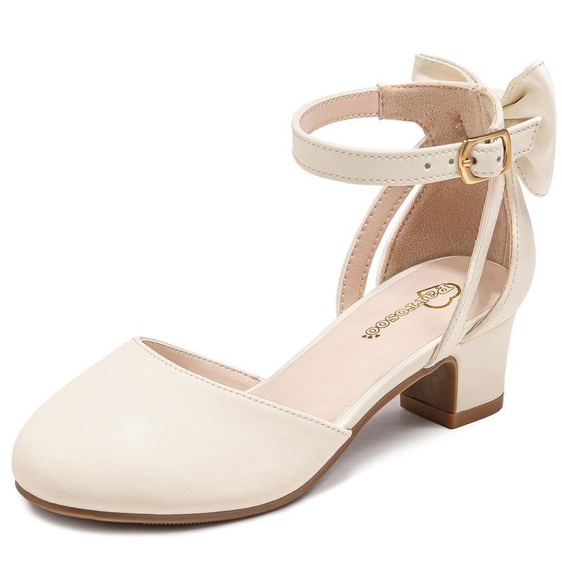 Parrosoo Girls Dress Shoes Flower Little Kid High Heels for Kids Pump Shoes with Cute Bow Little Girl Size 13 Princess Closed Toe Wide Mary Jane Wedding Church School Party Formal (8801 Ivory 13) - Image 1