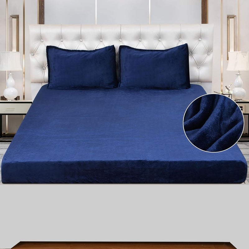 FRESH FROM LOOM Fresh From Loom Soft Fur Bed Sheet with 2 Pillow Cover Woollen Feel Bedsheet All Side Elastic Premium Winter King Size Fitted Bedsheet Size 78 x 72 Inches Fits up to 8 Inch NavyBlue 