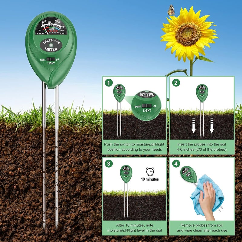 ATREE Soil pH Meter, 3-in-1 Soil Tester Kits with Moisture,Light and PH Test for Garden, Farm, Lawn, Indoor & Outdoor (No Battery Needed) - Image 4