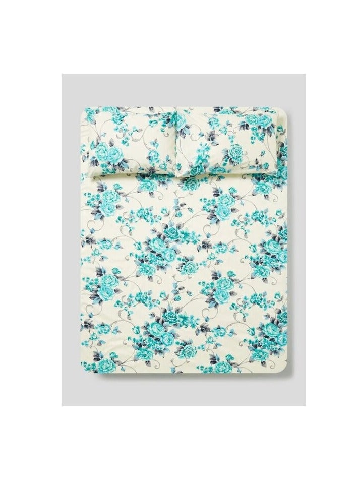 PROMASS 3-Piece Queen Size 180 Thread Count Premium Collection Floral Printed Bedsheet Set Inclides 1xBedsheet, 2xPillow Cases 50x75 cm Cotton White/Blue/Grey 240x254cm - Image 1