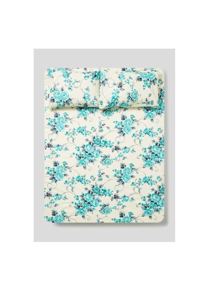 PROMASS 3-Piece Queen Size 180 Thread Count Premium Collection Floral Printed Bedsheet Set Inclides 1xBedsheet, 2xPillow Cases 50x75 cm Cotton White/Blue/Grey 240x254cm - Image 2