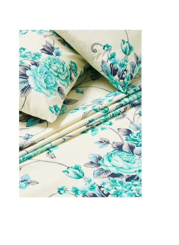 PROMASS 3-Piece Queen Size 180 Thread Count Premium Collection Floral Printed Bedsheet Set Inclides 1xBedsheet, 2xPillow Cases 50x75 cm Cotton White/Blue/Grey 240x254cm - Image 4