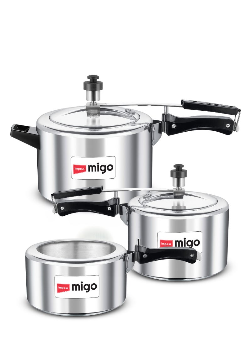 إمبكس مجموعة قدر ضغط Migo مع غطاء داخلي من الألمنيوم (2 لتر + 3 لتر + 5 لتر) | متوافق مع مواقد الغاز | قاعدة مقاومة للانتفاخ | صمام أمان ومؤشر ضغط | للطهي الصحي | MIL 235 - Image 1