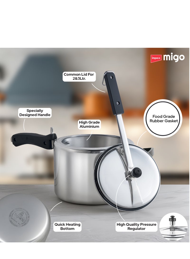 إمبكس مجموعة قدر ضغط Migo مع غطاء داخلي من الألمنيوم (2 لتر + 3 لتر + 5 لتر) | متوافق مع مواقد الغاز | قاعدة مقاومة للانتفاخ | صمام أمان ومؤشر ضغط | للطهي الصحي | MIL 235 - Image 2