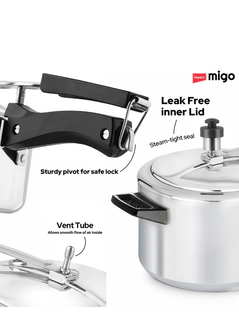 إمبكس مجموعة قدر ضغط Migo مع غطاء داخلي من الألمنيوم (2 لتر + 3 لتر + 5 لتر) | متوافق مع مواقد الغاز | قاعدة مقاومة للانتفاخ | صمام أمان ومؤشر ضغط | للطهي الصحي | MIL 235 - Image 4