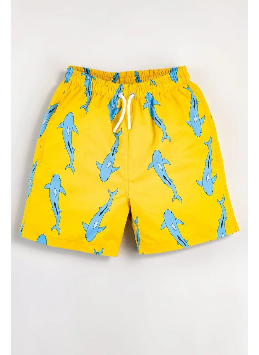 Gold Class Kidswear - Shark Patterned Drawstring Lined Boys Swim Shorts - Image 1