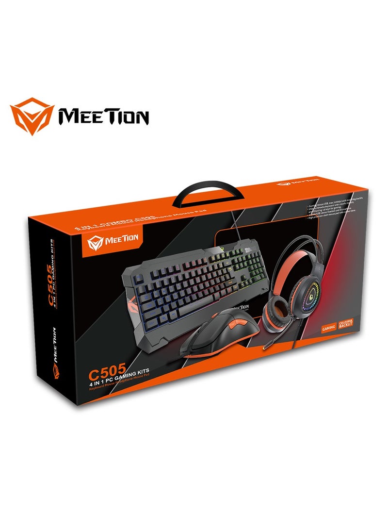 Meetion - Meetion MT C505 4 in 1 Gaming Combo Kit, Anti Ghost RGB Gaming Keyboard, 5+1 Buttons 3200DPI Gaming Mouse, Backlit Gaming Headphone with Omni Directional Microphone, High Precision Gaming Mouse Pad - Image 1