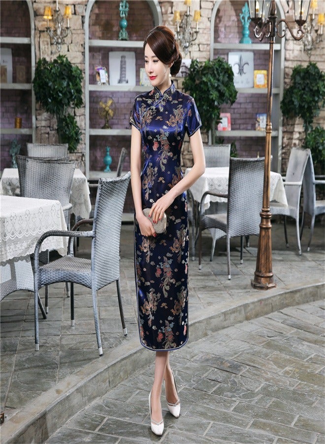 Loquat Dragon And Phoenix Short Sleeved Long Skirt Dark Blue  - Image 3