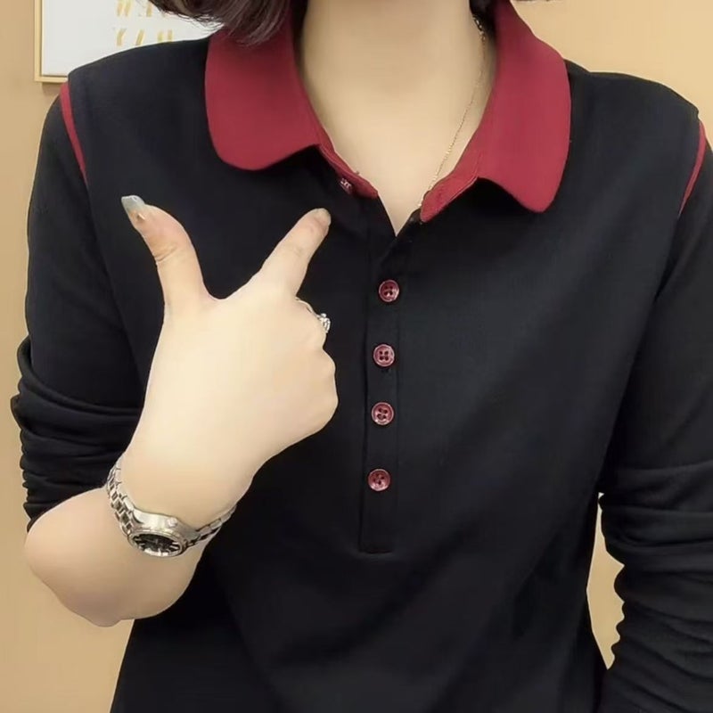 Long-Sleeved T-Shirt For Women 2025 Spring & Fall New Fashion Polo Collar Lapel Contrast Color Age-Reducing Fashion Versatile Bottoming Shirt - Image 2