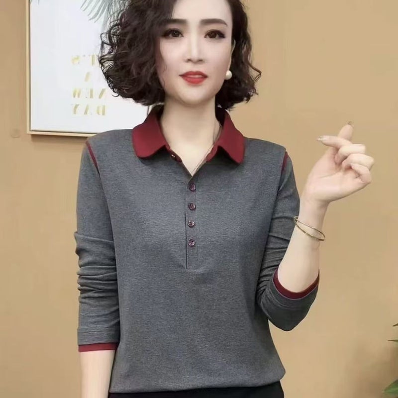 Long-Sleeved T-Shirt For Women 2025 Spring & Fall New Fashion Polo Collar Lapel Contrast Color Age-Reducing Fashion Versatile Bottoming Shirt - Image 4