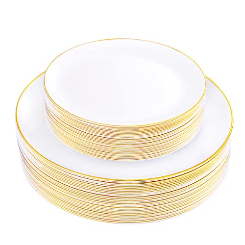 KIRE 60PCS Gold Plastic Plates  Heavy Duty White Disposable Plates with Gold Rim for PartyWeddingMothers Day  Include 30Pieces 1025inch Gold Dinner Plates and 30Pcs 75inch Dessert Plates