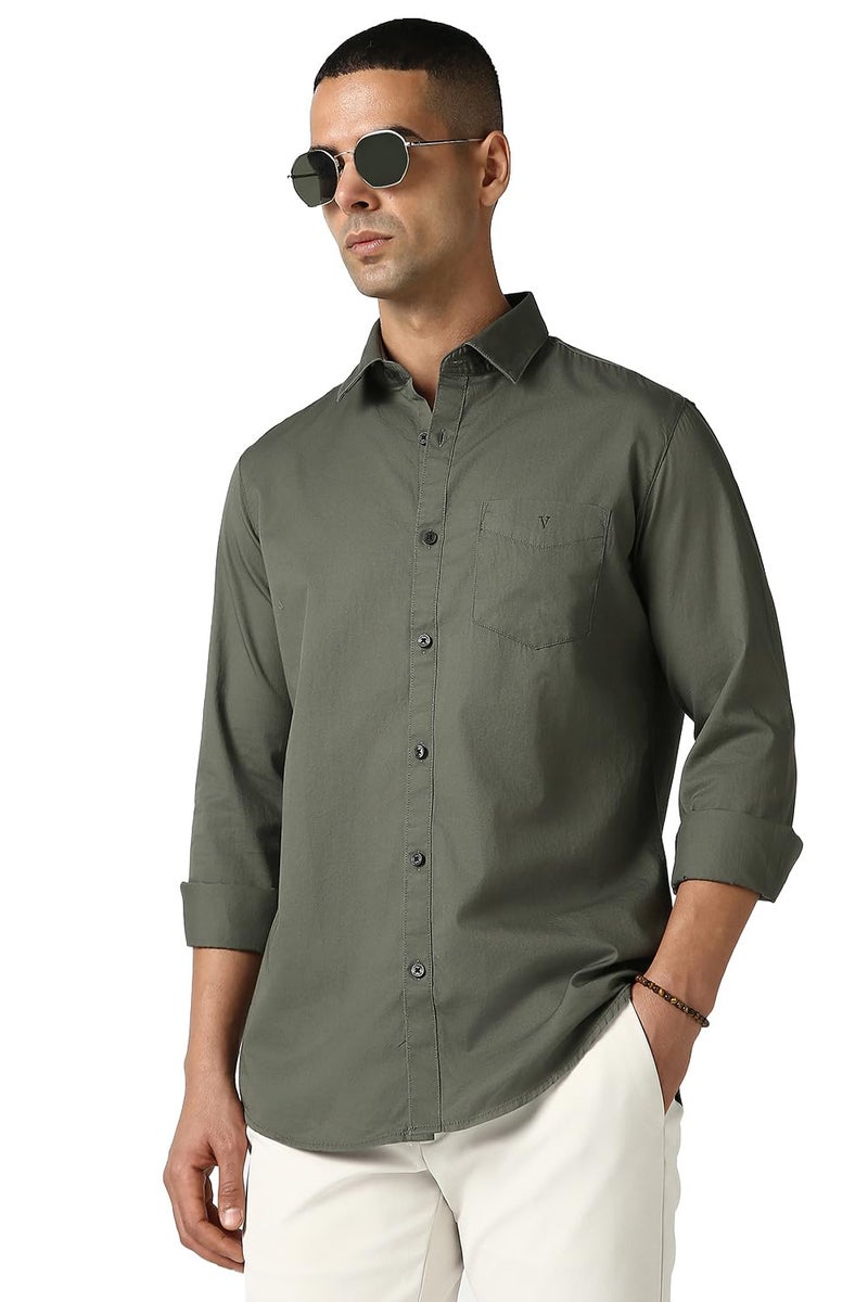Van Heusen Men Cotton Sport Solid Slim Fit Shirt (VSSFWSLBH13199_Olive 40) - Image 1