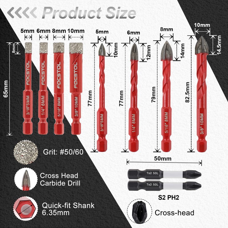 FOCSTOL Diamond Drill Bits Set 10pcs, 3/16''-3/8'' Tile Drill Bit for Drilling Holes in Porcelain Ceramic Tile Marble Granite Glass, Drill Bits with 1/4 Inch Quick Change Hex Shank - Image 2