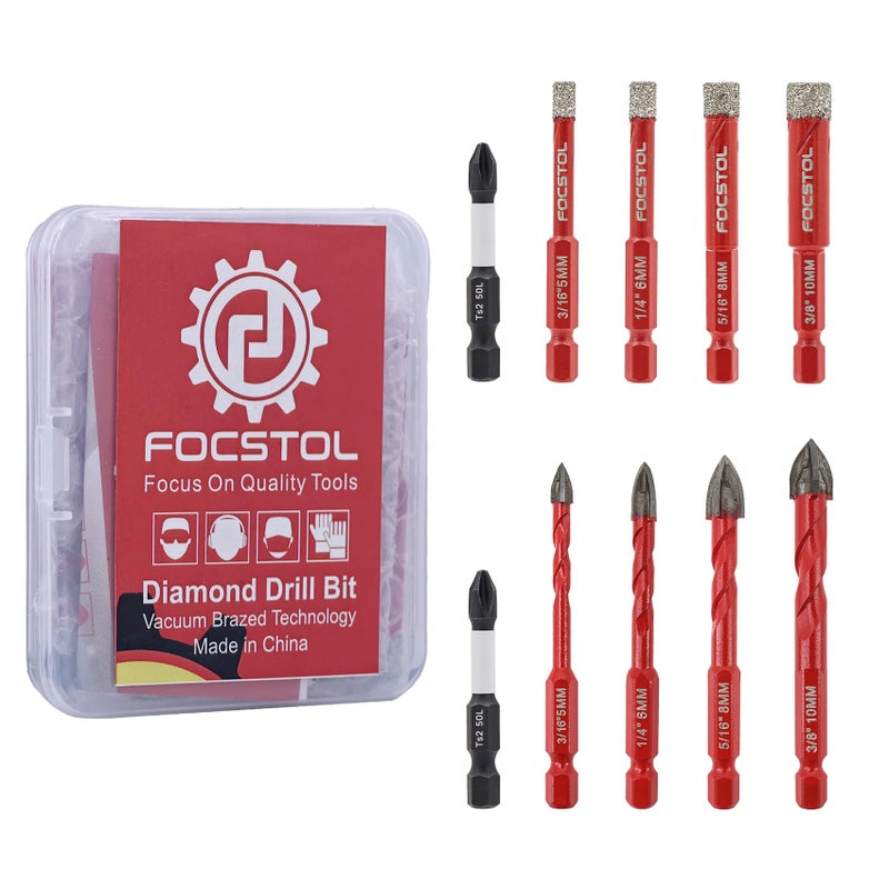 FOCSTOL Diamond Drill Bits Set 10pcs, 3/16''-3/8'' Tile Drill Bit for Drilling Holes in Porcelain Ceramic Tile Marble Granite Glass, Drill Bits with 1/4 Inch Quick Change Hex Shank - Image 1