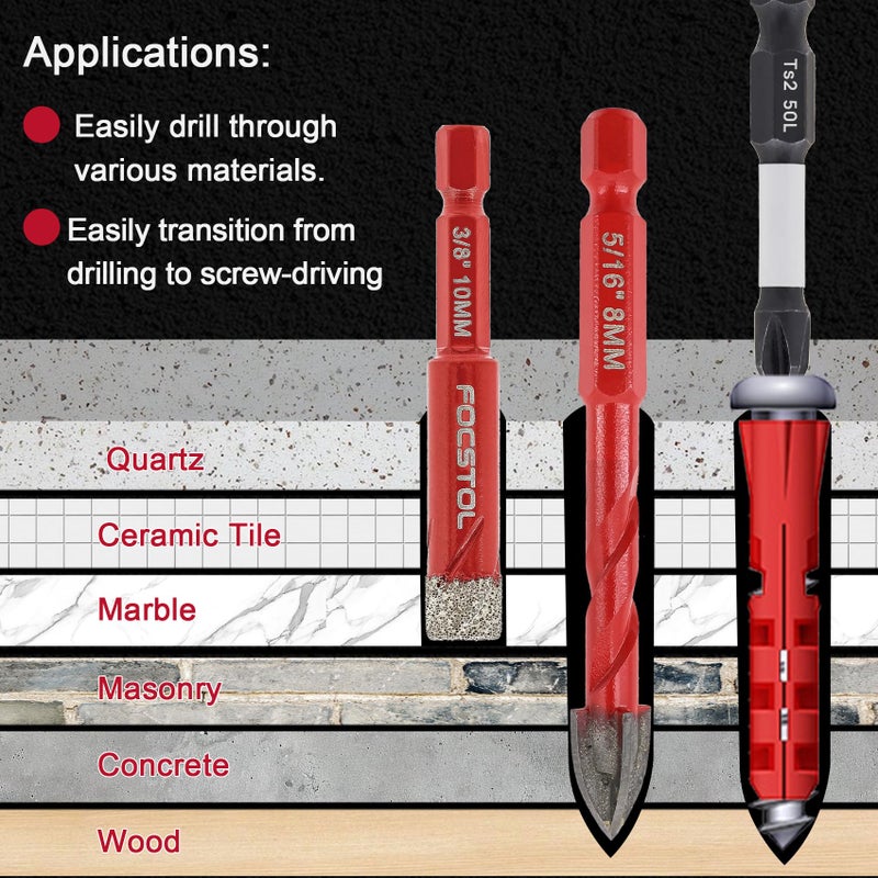 FOCSTOL Diamond Drill Bits Set 10pcs, 3/16''-3/8'' Tile Drill Bit for Drilling Holes in Porcelain Ceramic Tile Marble Granite Glass, Drill Bits with 1/4 Inch Quick Change Hex Shank - Image 3