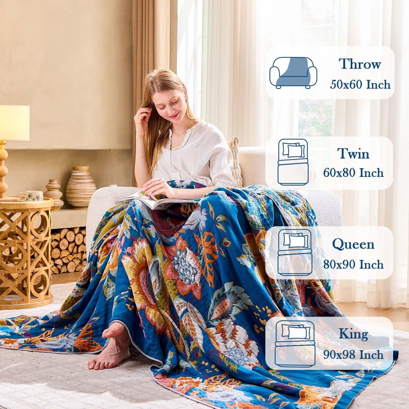 XIBLC Boho Throw Blanket, Blue Lightweight Blankets for Summer, 100% Cotton Bohemian Decorative Throw Blanket, 50"x60" Reversible Muslin Breathable Woven Farmhouse Blankets Quilt, - Image 3