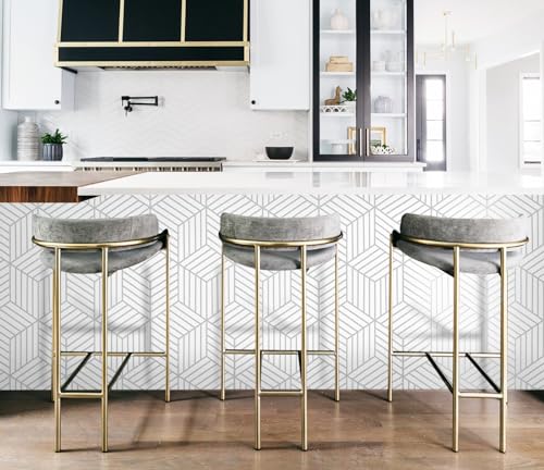 CiCiwind White and Silver Peel and Stick Wallpaper Geometric Striped Hexagon Wallpaper Removable Self Adhesive Wall Paper Waterproof Vinyl Contact Paper for Bedroom Bathroom Walls 17.7"x472" - Image 3