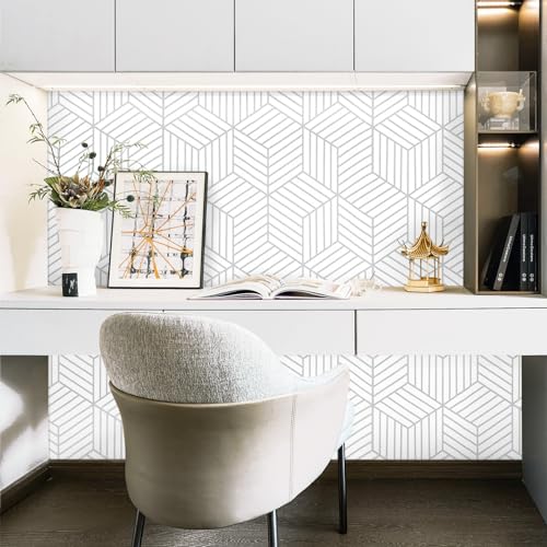 CiCiwind White and Silver Peel and Stick Wallpaper Geometric Striped Hexagon Wallpaper Removable Self Adhesive Wall Paper Waterproof Vinyl Contact Paper for Bedroom Bathroom Walls 17.7"x472" - Image 2