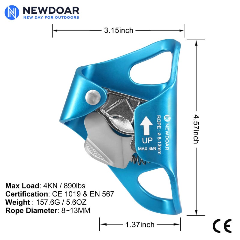 NewDoar Rock Climbing Chest Ascender Abdominal for Vertical Rope Climbing CE Certified Rope Clamp for 8~13MM Rope(Blue) - Image 2