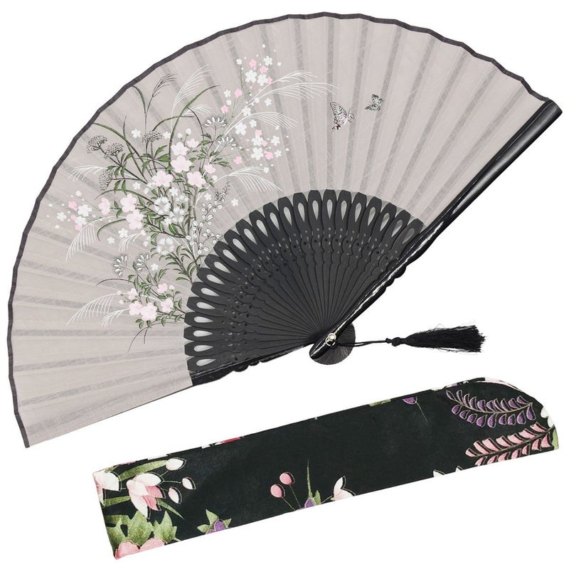 OMyTea Grassflowers 82721cm Hand Held Folding Fans  With a Fabric Sleeve for Protection for Gifts  ChineseJapanese Vintage Retro Style Gray