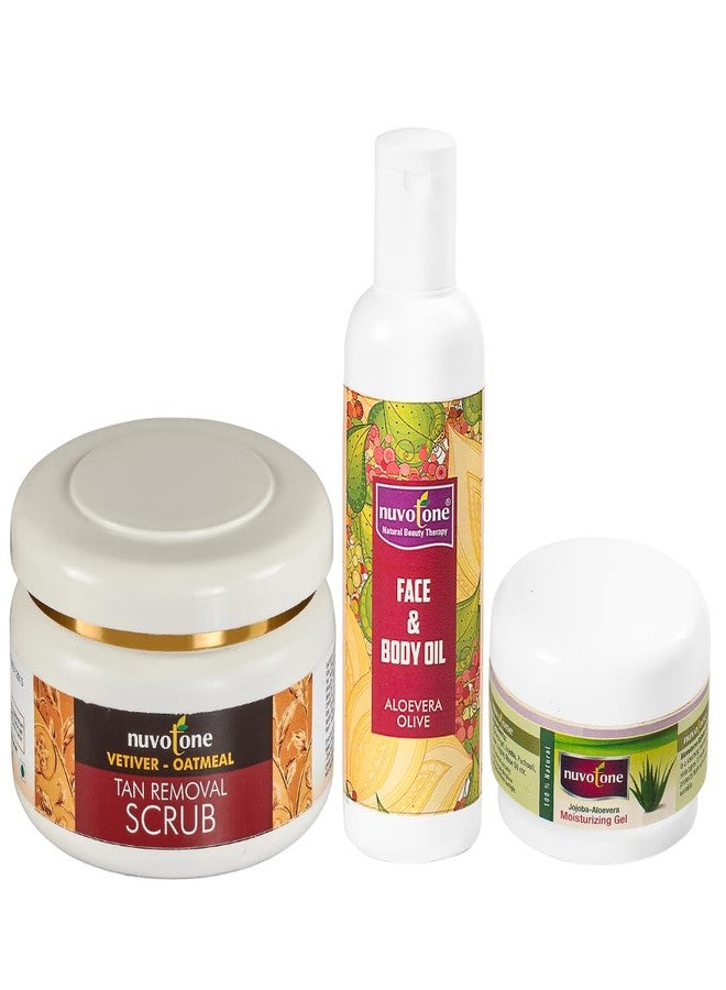 Nuvotone Daily Ayurvedic Routine For Glowing Skin - Aloevera Olive Body Oil And Vetiver-oatmeal Tan Removal Scrub And Jojoba Aloevera Aroma Moisturizing Gel(Combo) - Image 1