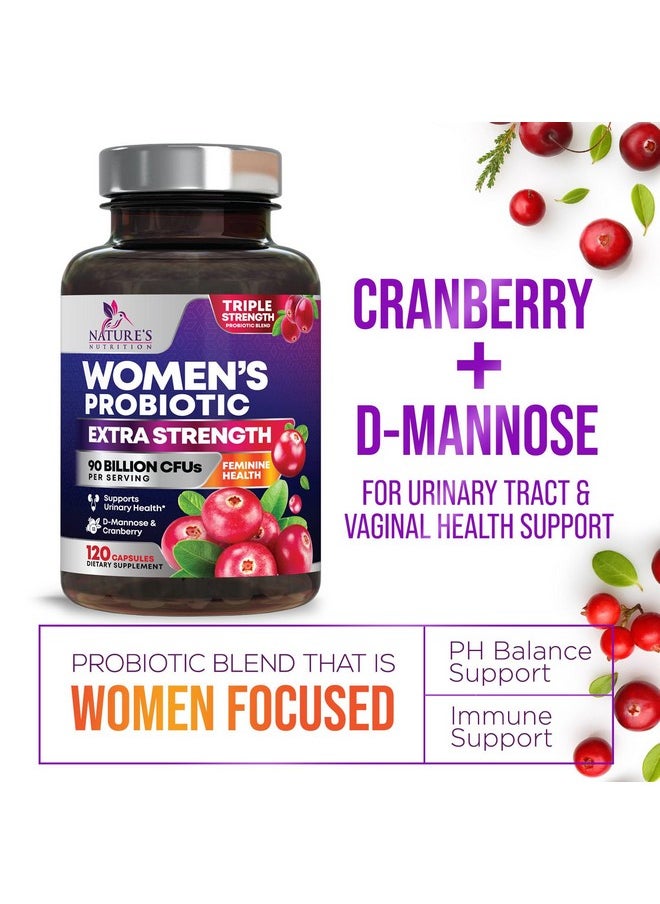 Nature's Nutrition - Probiotics for Women with Prebiotics - Women's Probiotic 90 Billion CFU 16 Strains for Digestive Health, Vaginal Probiotics, PH, & Immune Support for Women, D-Mannose with Cranberry - 120 Capsules - Image 1