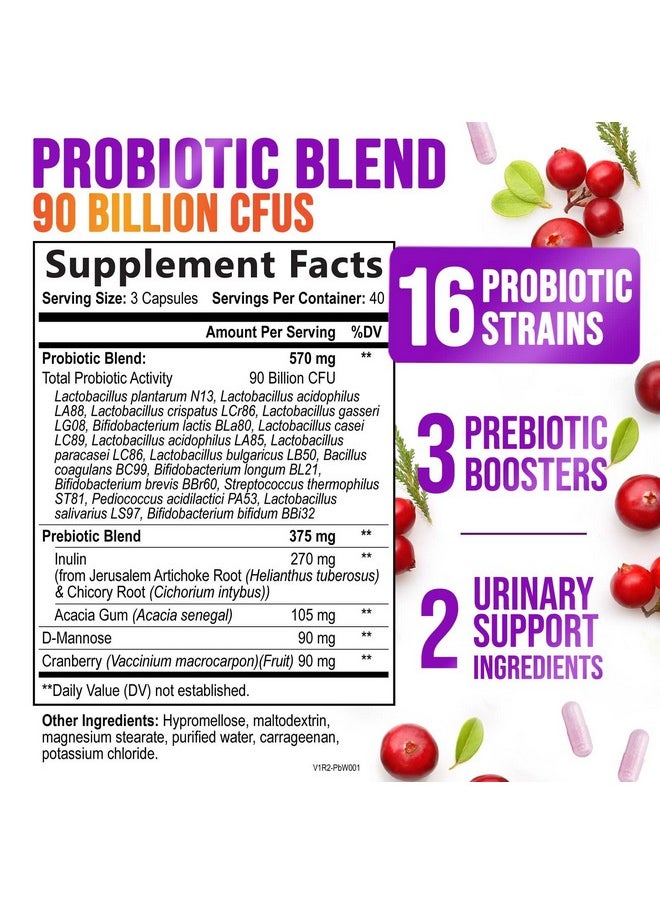 Nature's Nutrition - Probiotics for Women with Prebiotics - Women's Probiotic 90 Billion CFU 16 Strains for Digestive Health, Vaginal Probiotics, PH, & Immune Support for Women, D-Mannose with Cranberry - 120 Capsules - Image 1